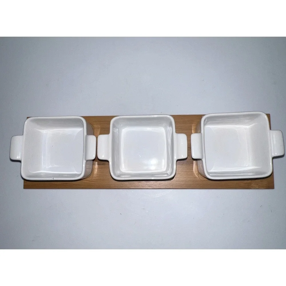Pier‎ 1 Imports Chalkboard Serving Bowl Set Ceramic Bamboo Wood Tray 2693940